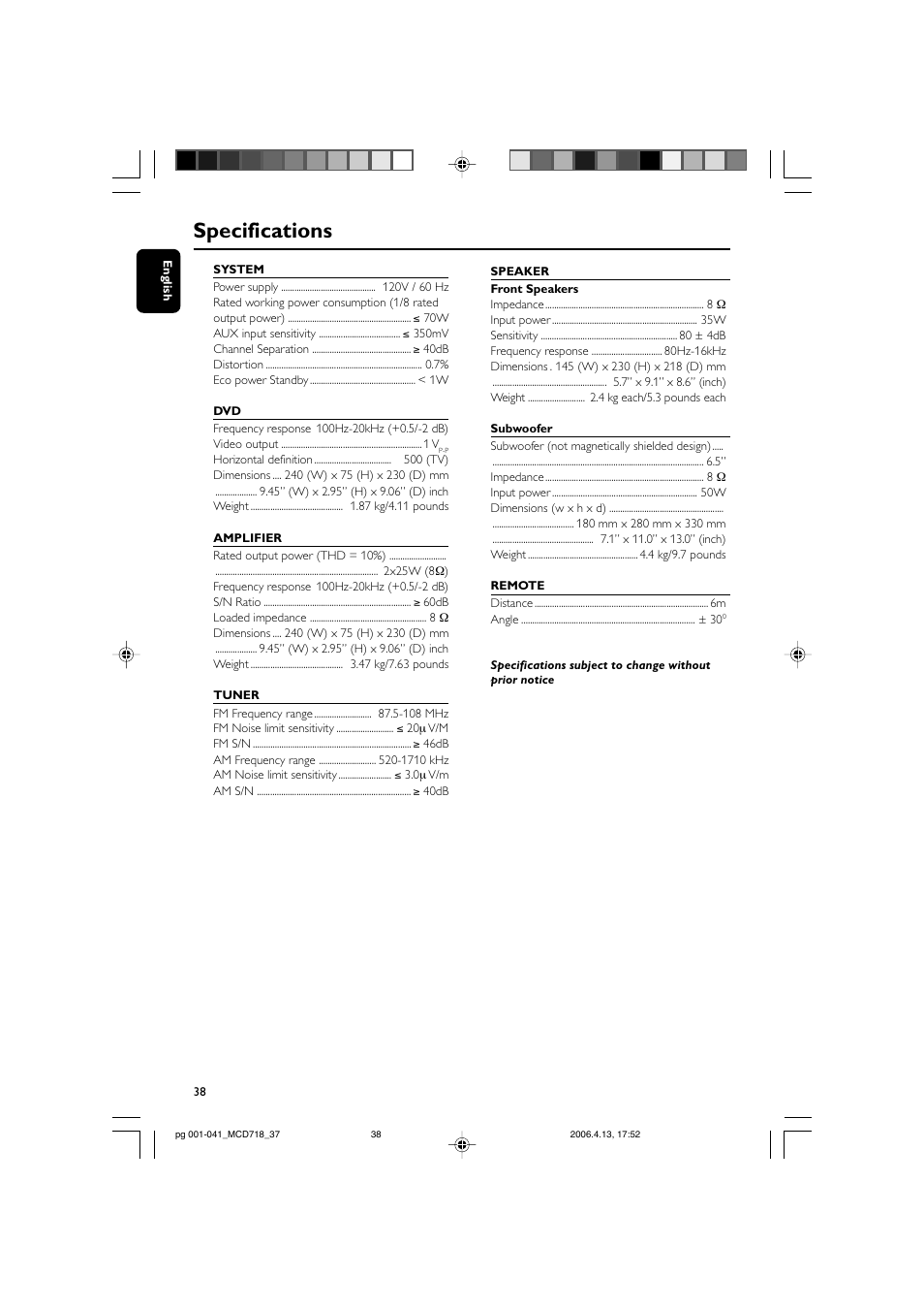 Specifications | Philips DVD Micro Theatre MCD718 User Manual | Page 38 / 43