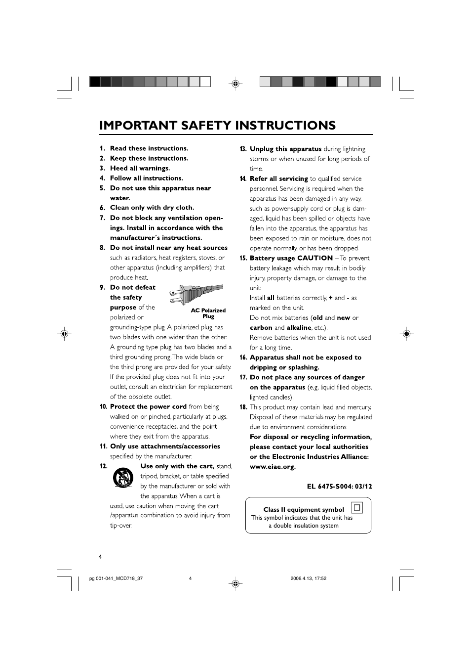 Important safety instructions | Philips DVD Micro Theatre MCD718 User Manual | Page 4 / 43