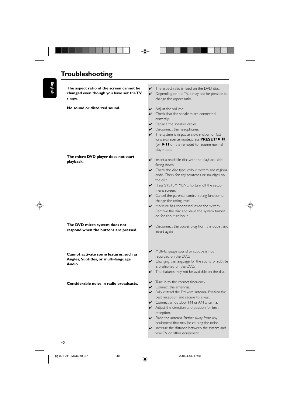 Troubleshooting | Philips DVD Micro Theatre MCD718 User Manual | Page 40 / 43