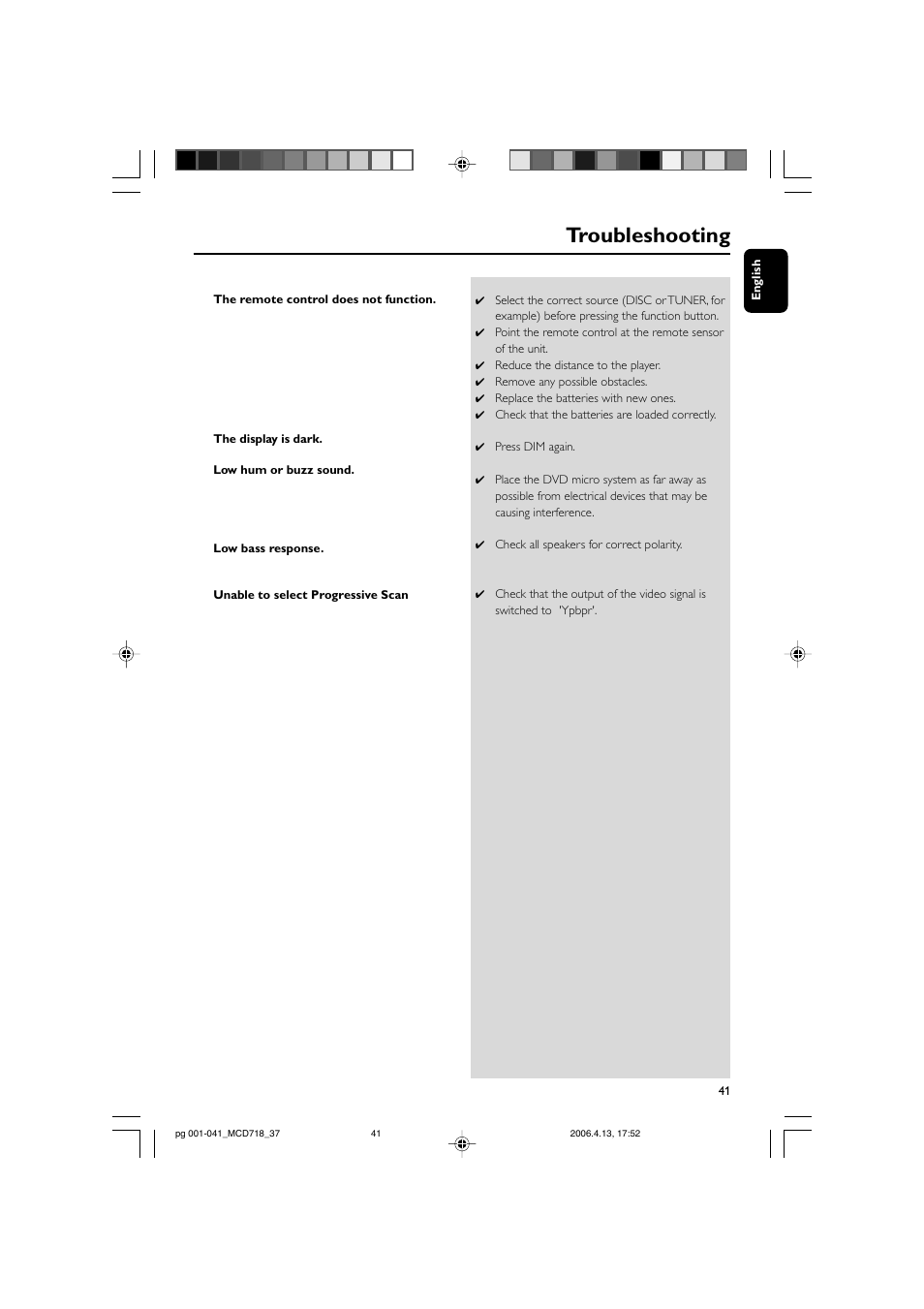 Troubleshooting | Philips DVD Micro Theatre MCD718 User Manual | Page 41 / 43