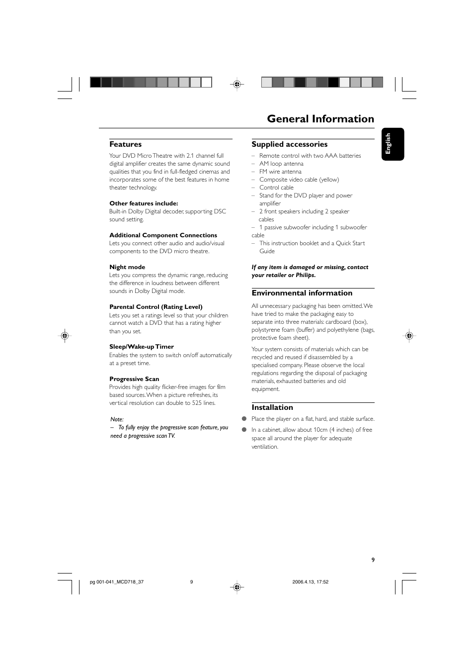 General information | Philips DVD Micro Theatre MCD718 User Manual | Page 9 / 43