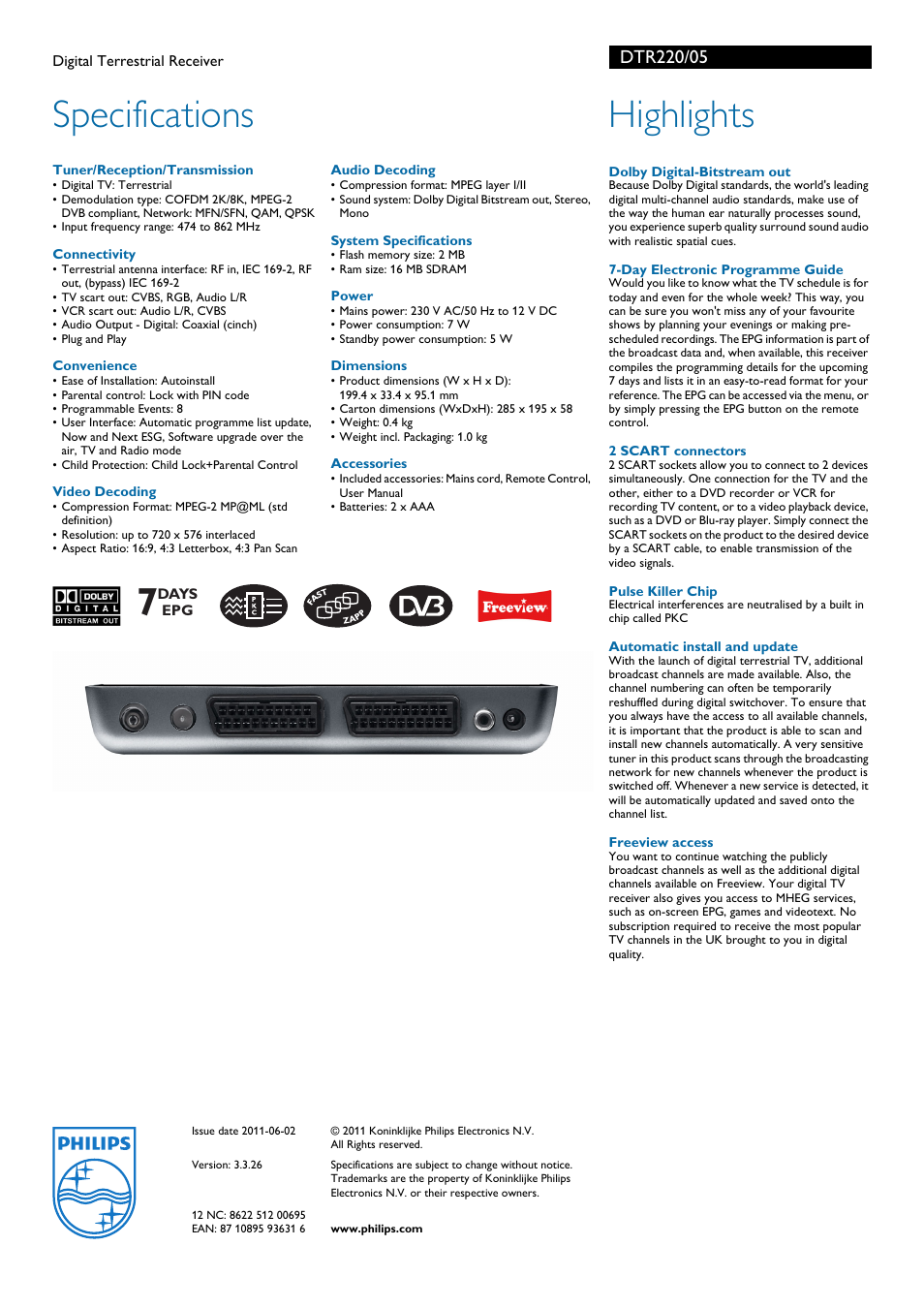 Specifications, Highlights | Philips LINEA LV118 User Manual | Page 2 / 2