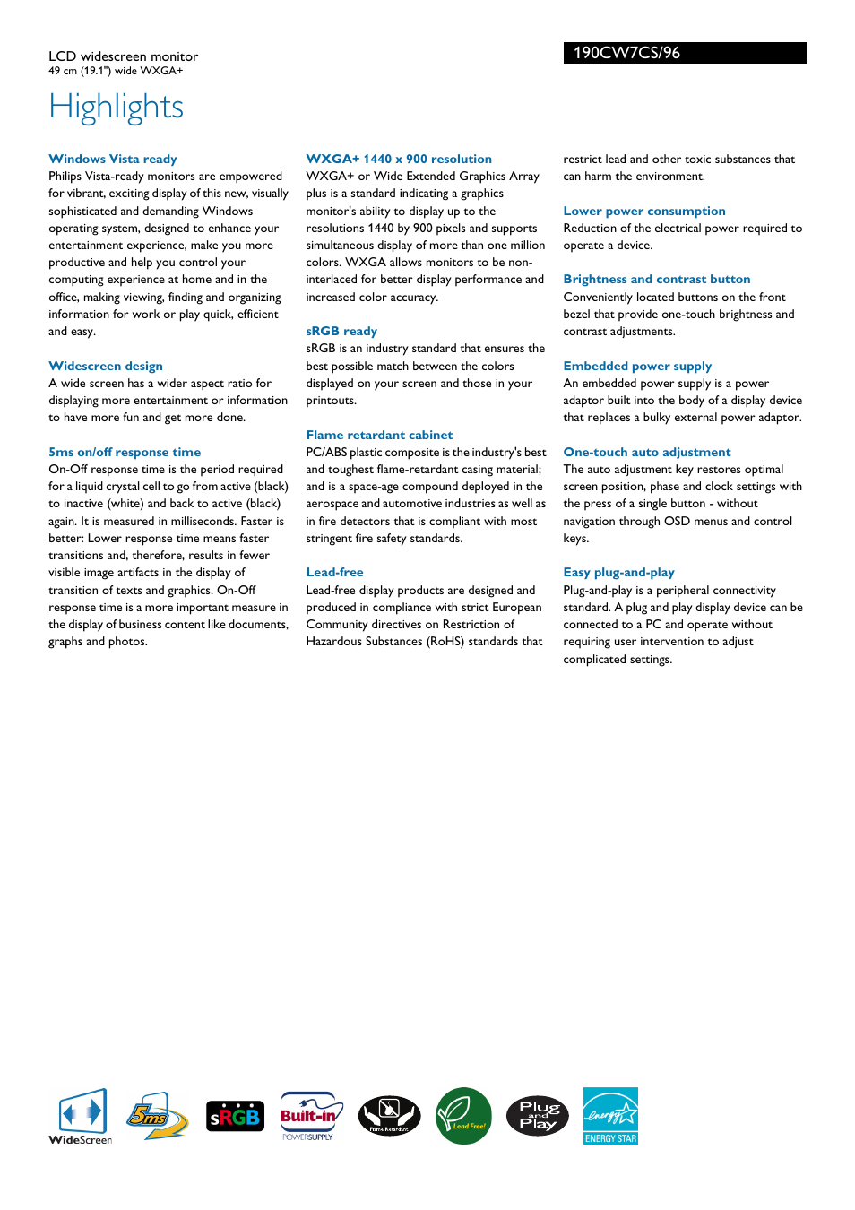 Highlights | Philips WXGA+ 190CW7CS/96L User Manual | Page 2 / 3