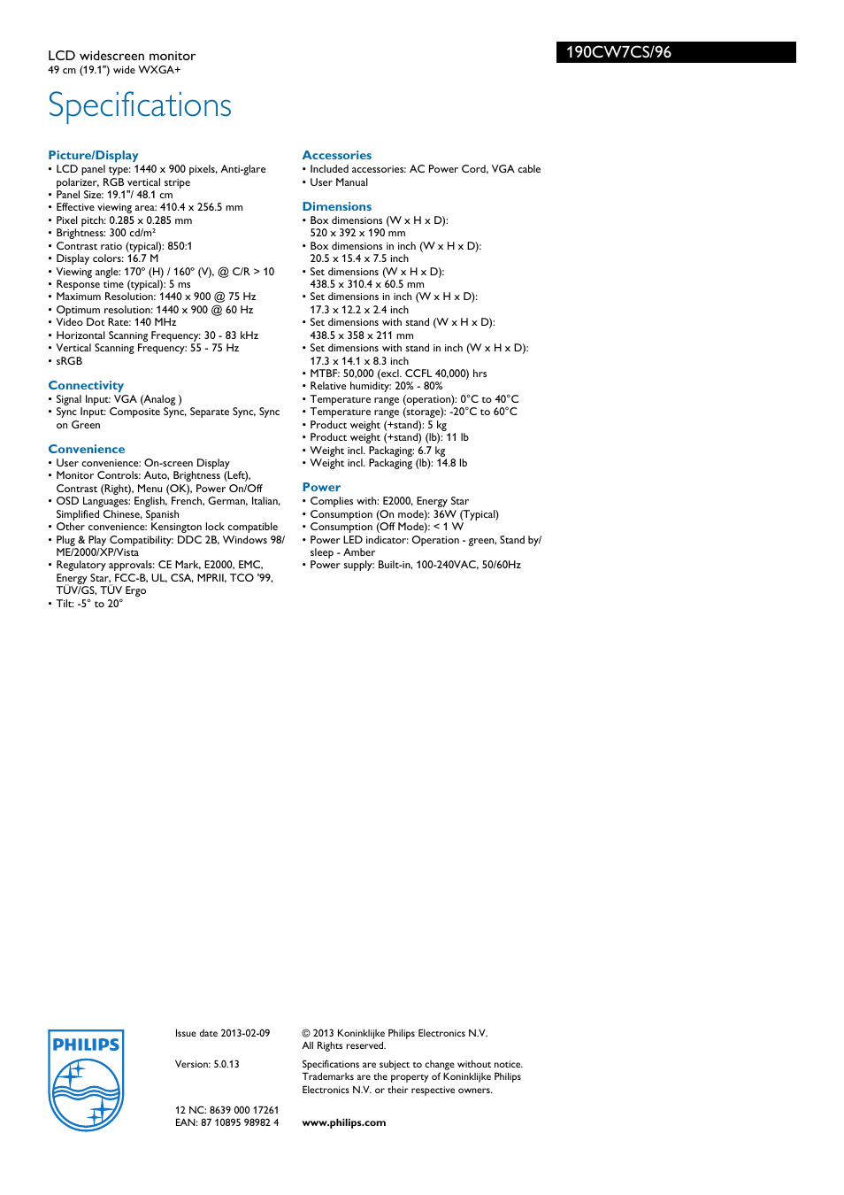 Specifications | Philips WXGA+ 190CW7CS/96L User Manual | Page 3 / 3