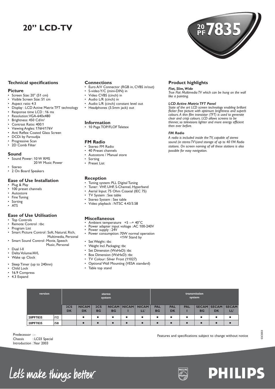 20” lcd-tv, 20 pf | Philips 20" LCD-TV PF783520 User Manual | Page 2 / 2