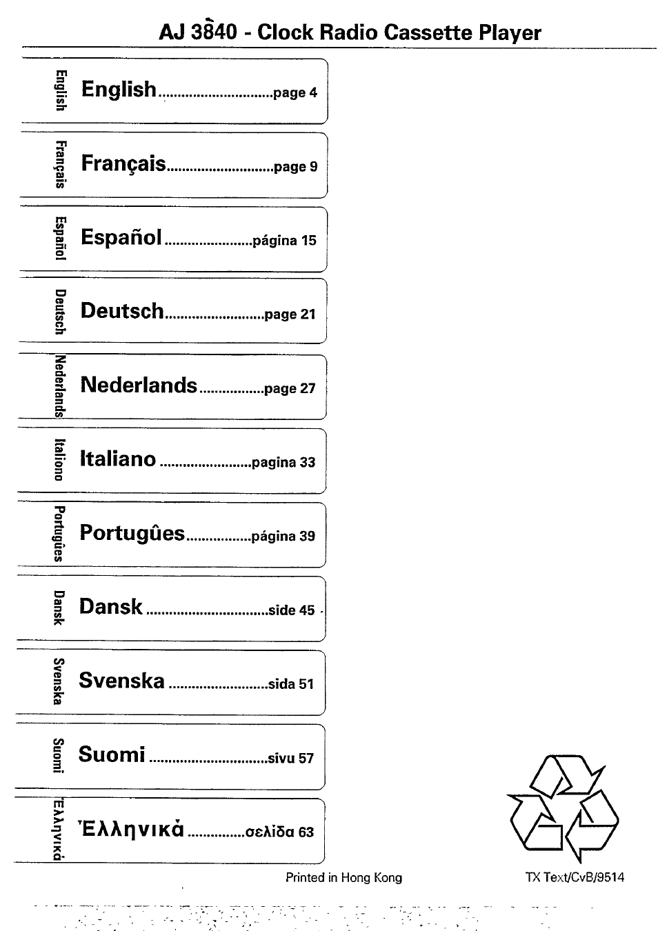 Aj 3840 - clock radio cassette player, I dansk, I suomi | English, Deutsch, I nederlands, Italiano, Portugues, Svenska, Eaar|vik 0 | Philips AJ3840/00M User Manual | Page 15 / 15