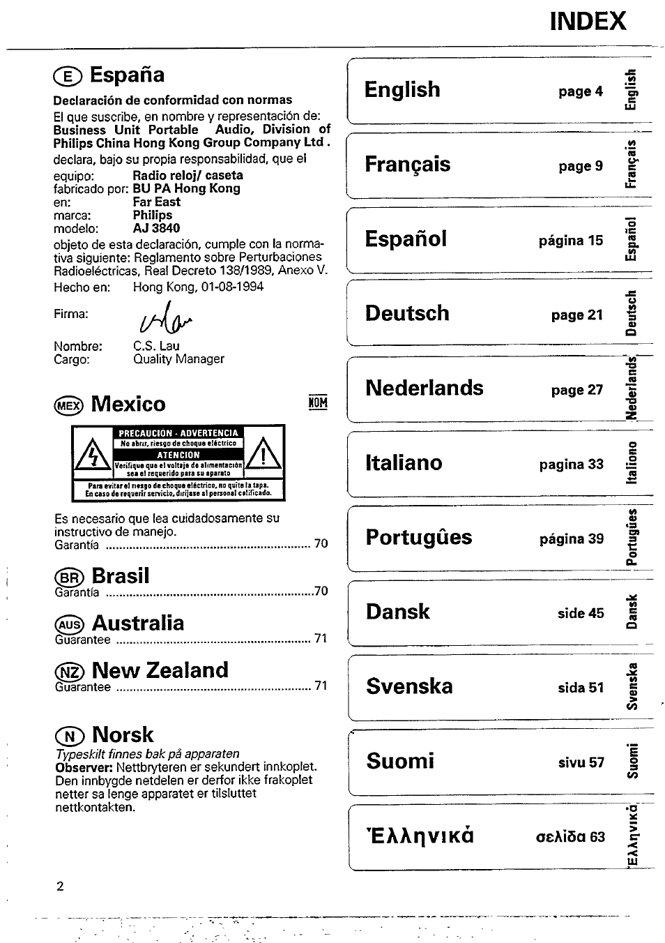 Index, Ce) españa, Mexico | B^ brasil, Australia, New zealand, Norsk, English, Français, Español | Philips AJ3840/00M User Manual | Page 2 / 15