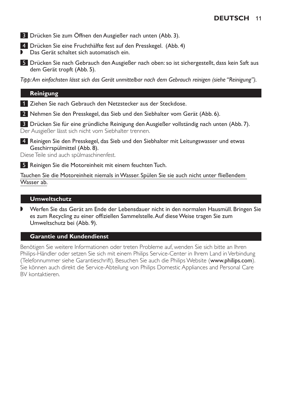 Reinigung, Umweltschutz, Garantie und kundendienst | Philips HR2752 User Manual | Page 11 / 38