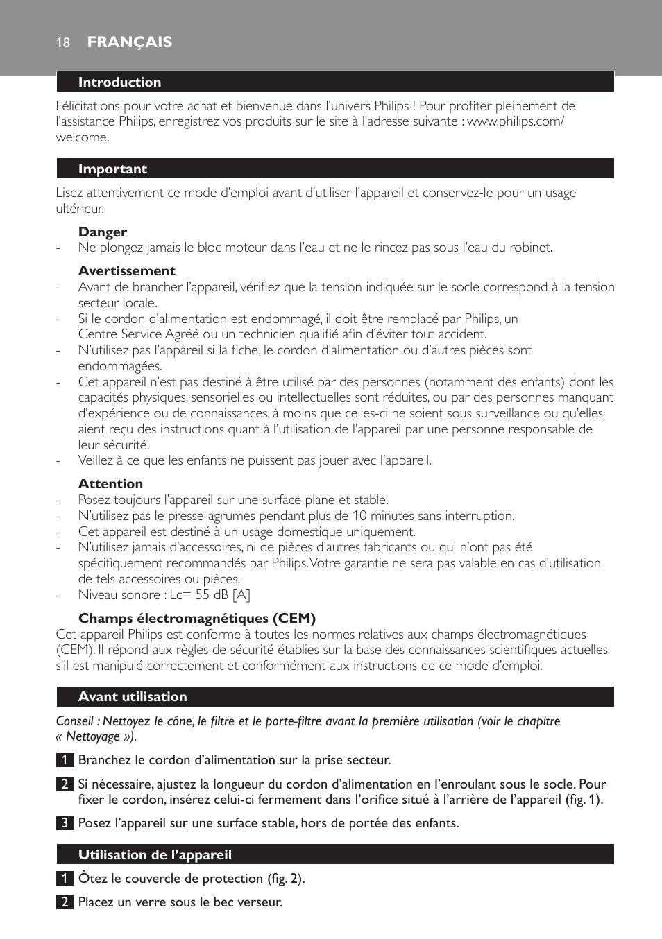 Français, Introduction, Important | Danger, Avertissement, Attention, Champs électromagnétiques (cem), Avant utilisation, Utilisation de l’appareil | Philips HR2752 User Manual | Page 18 / 38