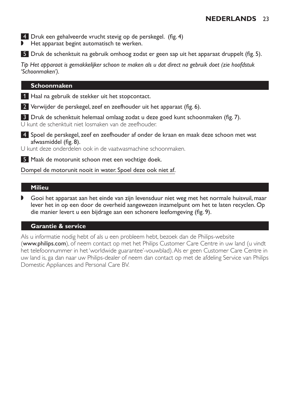 Schoonmaken, Milieu, Garantie & service | Philips HR2752 User Manual | Page 23 / 38