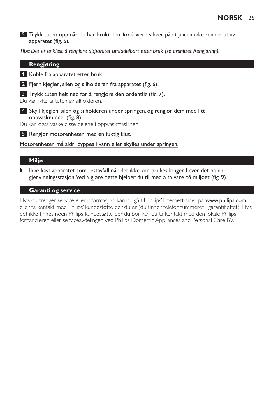 Rengjøring, Miljø, Garanti og service | Philips HR2752 User Manual | Page 25 / 38