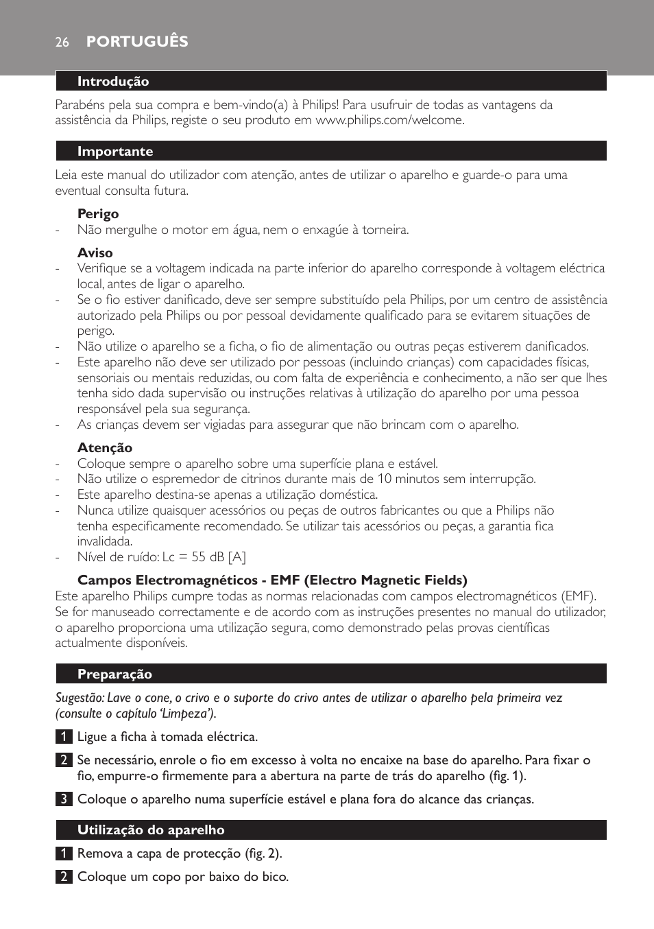 Português, Introdução, Importante | Perigo, Aviso, Atenção, Preparação, Utilização do aparelho | Philips HR2752 User Manual | Page 26 / 38