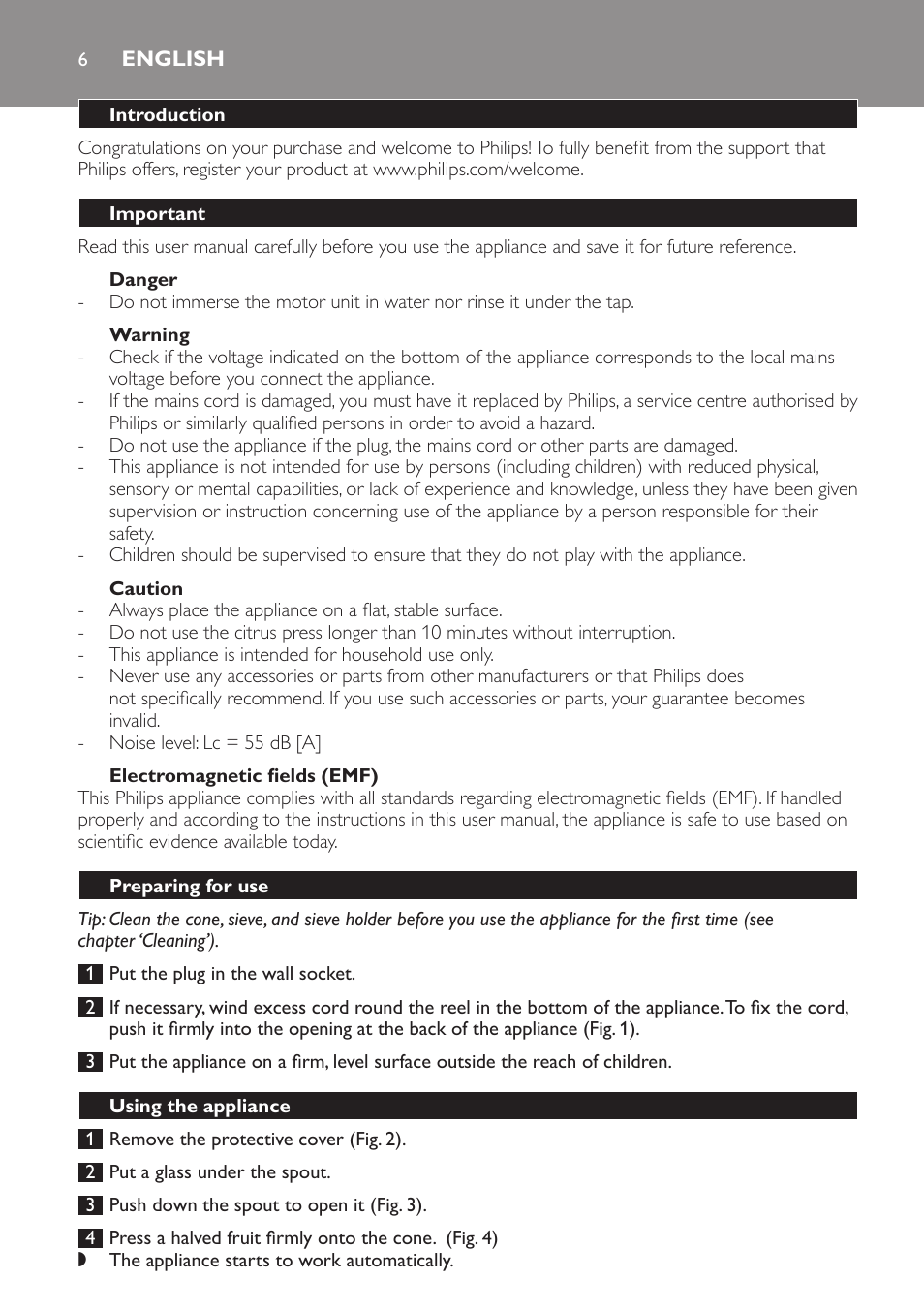 English, Introduction, Important | Danger, Warning, Caution, Electromagnetic fields (emf), Preparing for use, Using the appliance | Philips HR2752 User Manual | Page 6 / 38