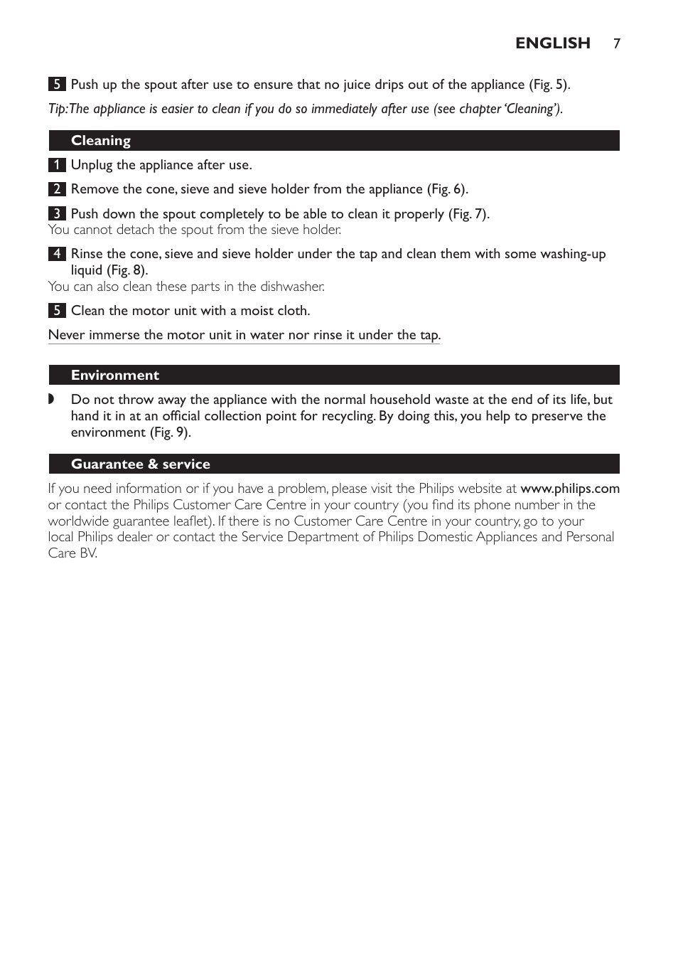 Cleaning, Environment, Guarantee & service | Philips HR2752 User Manual | Page 7 / 38