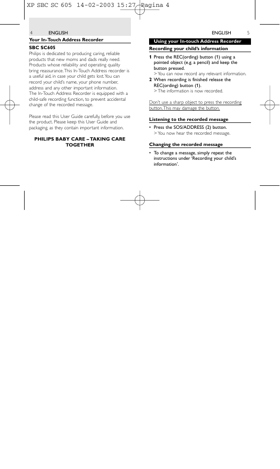 Philips 1IN-TOUCH ADDRESS RECORDER SBC SC605 User Manual | Page 3 / 30