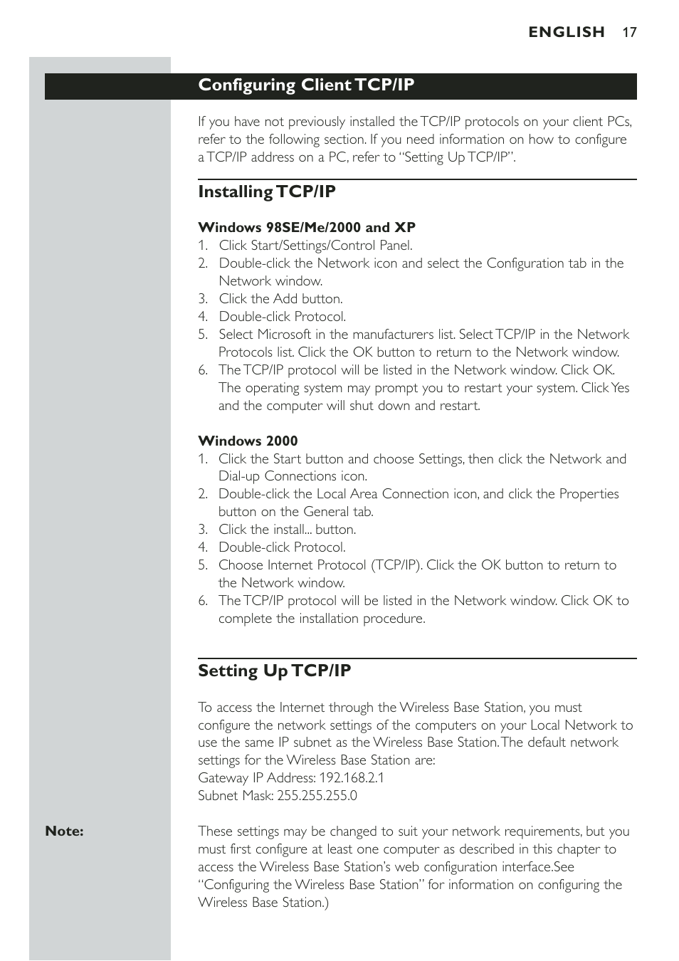 Configuring client tcp/ip, Installing tcp/ip, Windows 98se/me/2000 and xp | Windows 2000, Setting up tcp/ip | Philips CPWBS001 User Manual | Page 17 / 64