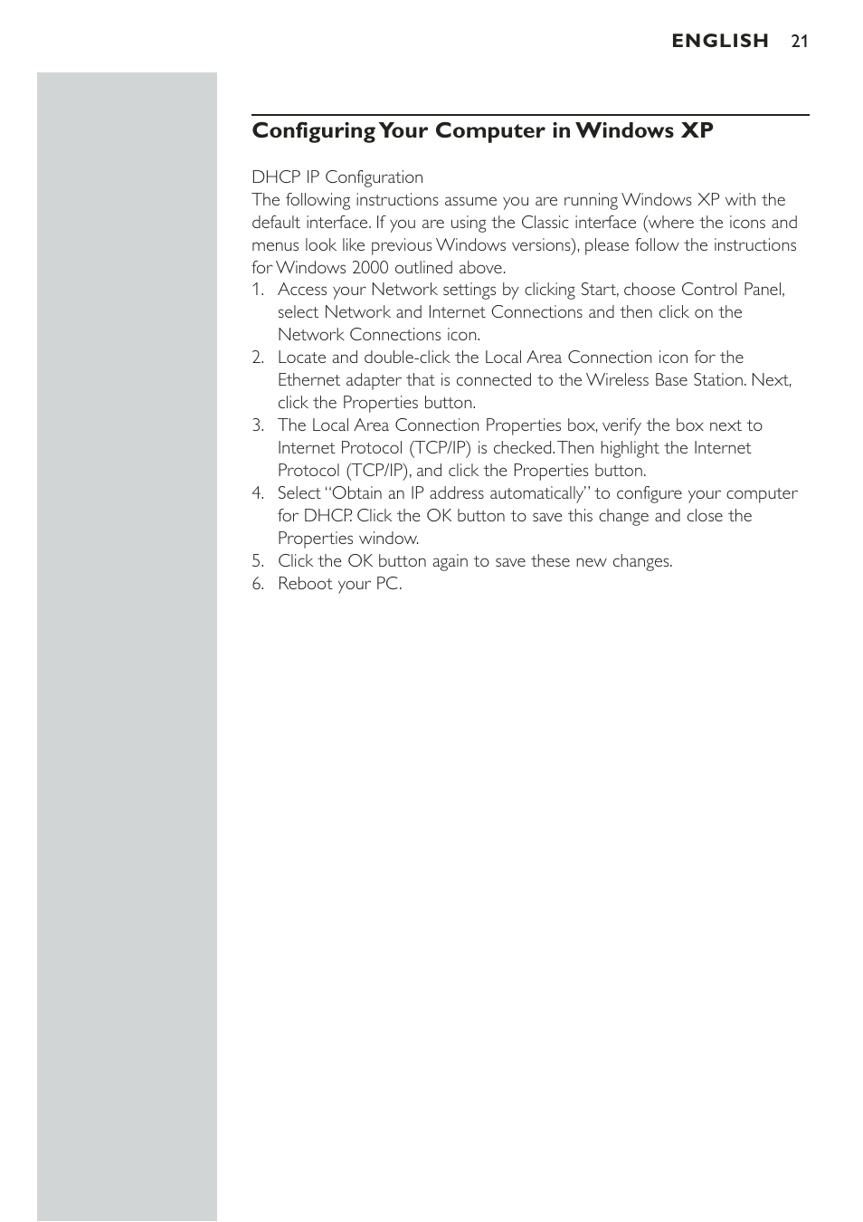 Configuring your computer in windows xp | Philips CPWBS001 User Manual | Page 21 / 64