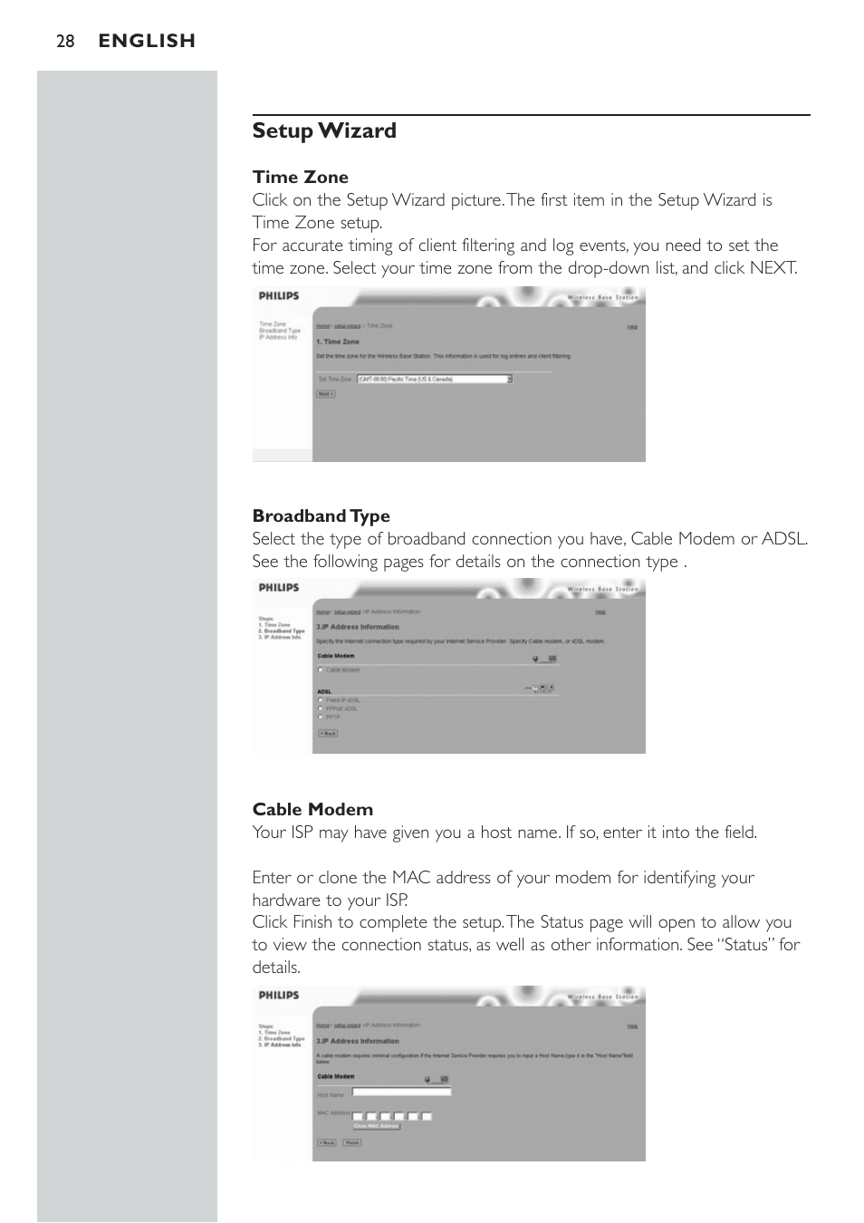 Setup wizard, Time zone, Broadband type | Philips CPWBS001 User Manual | Page 28 / 64