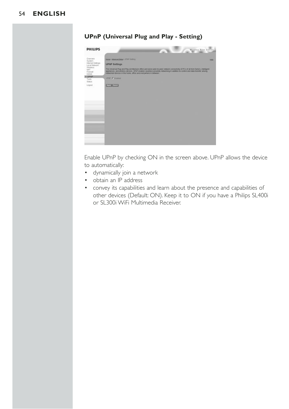 Upnp universal plug and play - setting | Philips CPWBS001 User Manual | Page 54 / 64