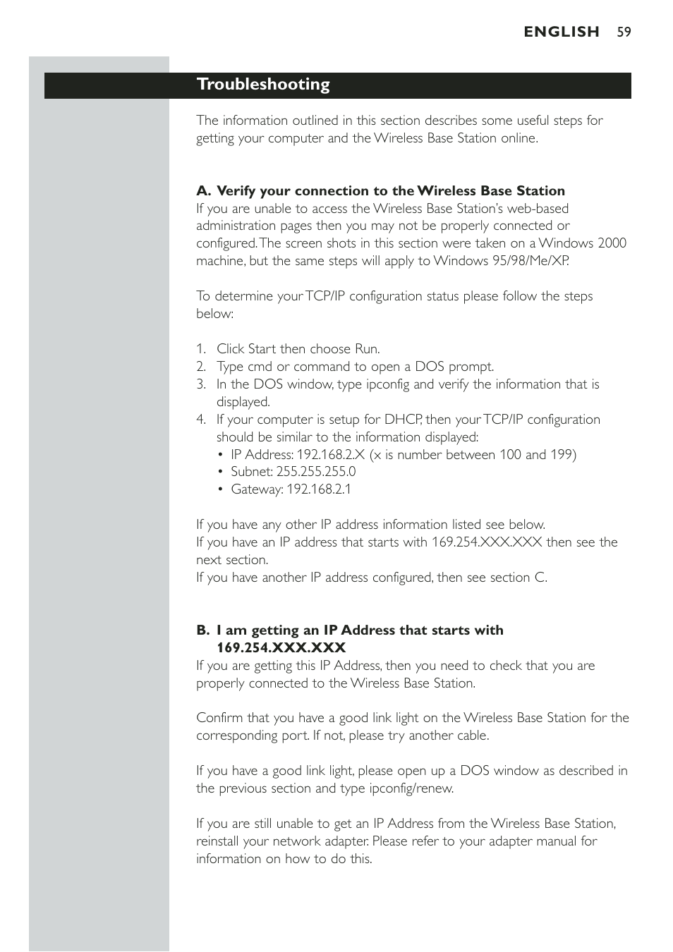 Troubleshooting | Philips CPWBS001 User Manual | Page 59 / 64