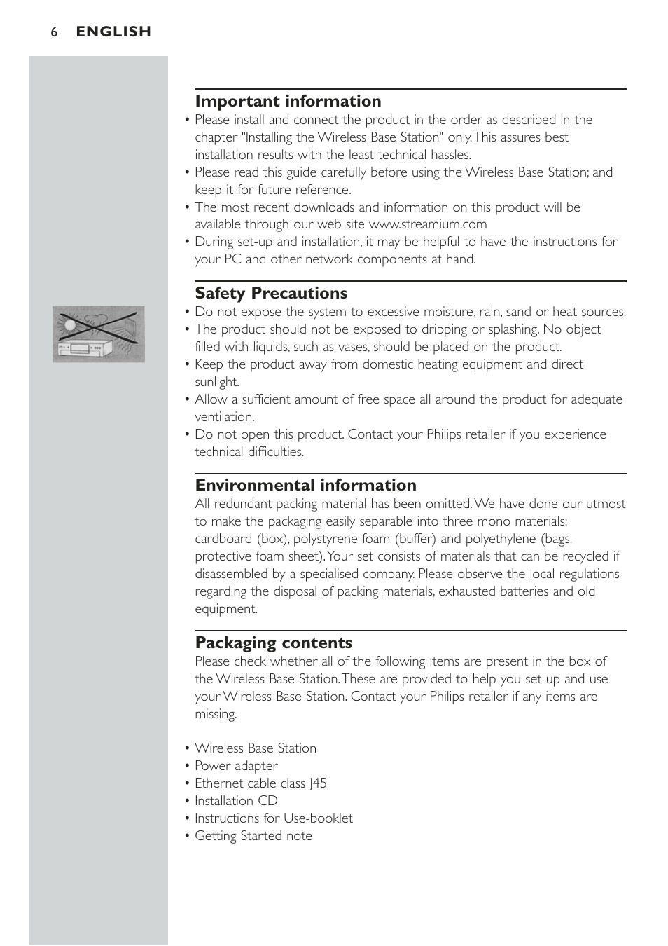 Important information, Packaging contents | Philips CPWBS001 User Manual | Page 6 / 64