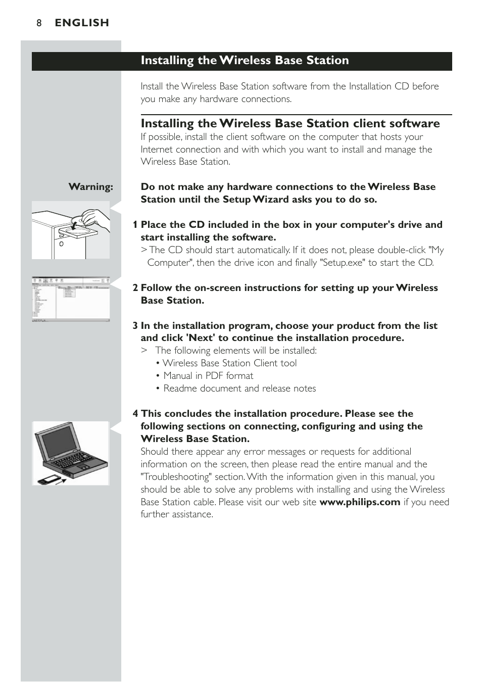 Installing the wireless base station | Philips CPWBS001 User Manual | Page 8 / 64