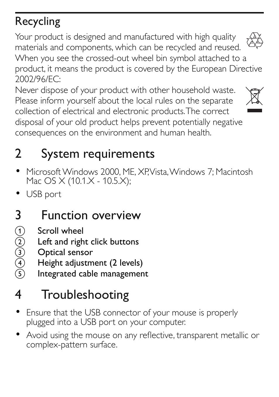 2 system requirements, 3 function overview, 4 troubleshooting | Recycling | Philips SPM5910 User Manual | Page 6 / 7