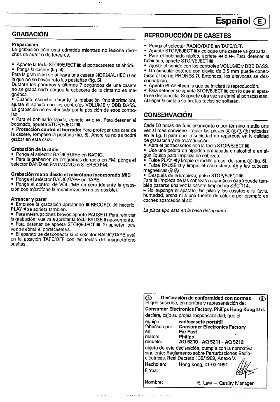 Español (t), Grabacion, Reproduccion de casetes | Conservacion | Philips AQ5212 User Manual | Page 4 / 7