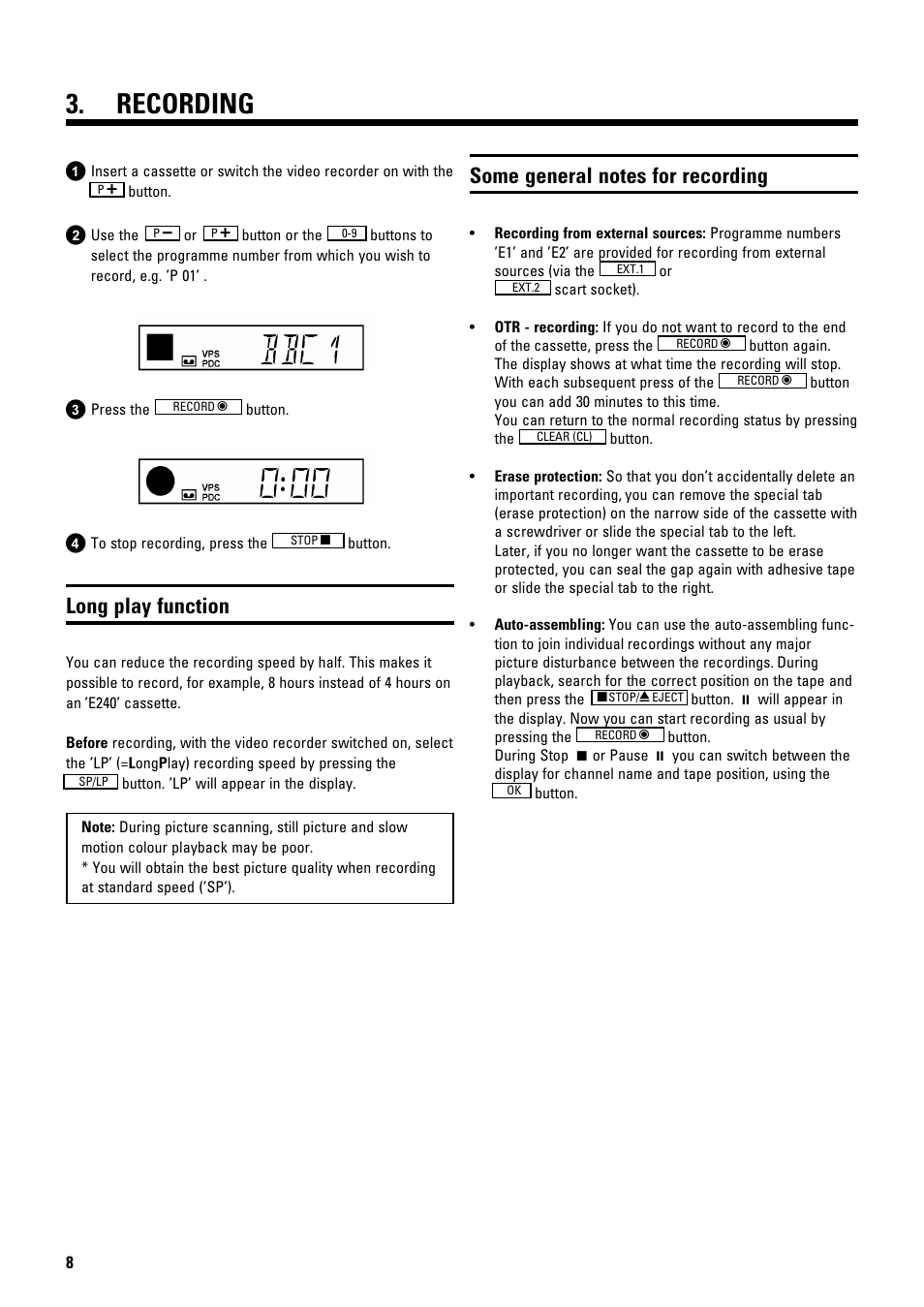 Bbc1, Recording, Long play function | Philips TYPE VR 175 User Manual | Page 10 / 18