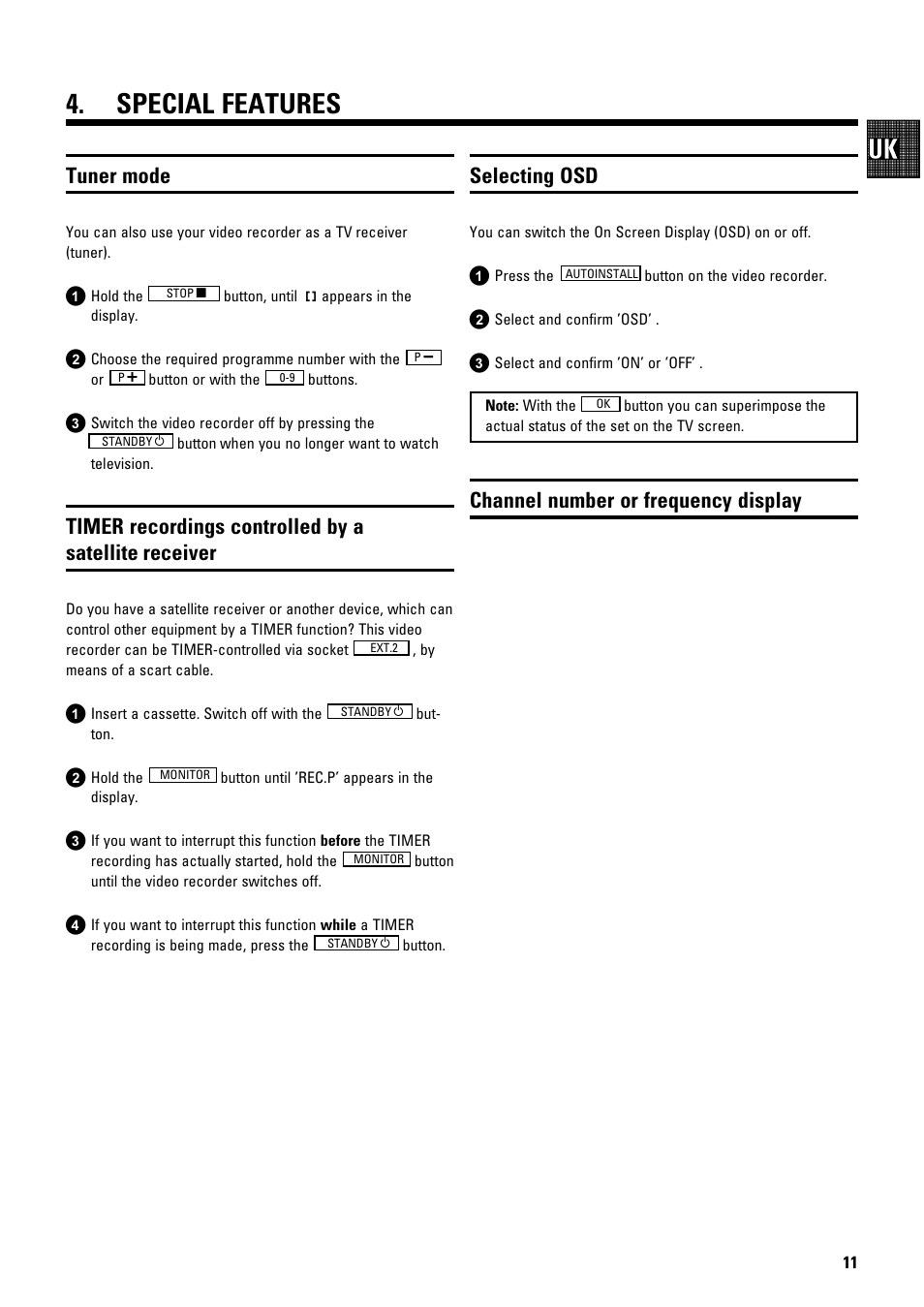 Special features, Tuner mode, Selecting osd | Channel number or frequency display | Philips TYPE VR 175 User Manual | Page 13 / 18