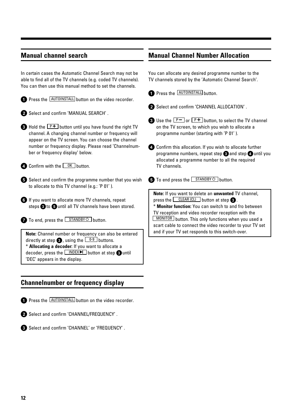 Manual channel search, Channelnumber or frequency display, Manual channel number allocation | Philips TYPE VR 175 User Manual | Page 14 / 18