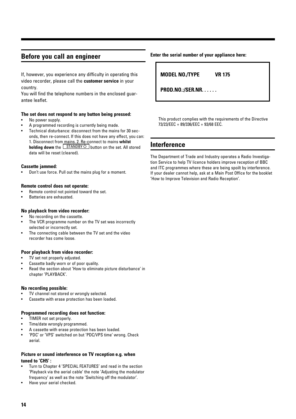 Before you call an engineer, Interference | Philips TYPE VR 175 User Manual | Page 16 / 18