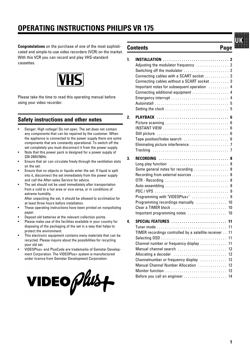 Operating instructions philips vr 175, Contents page | Philips TYPE VR 175 User Manual | Page 3 / 18