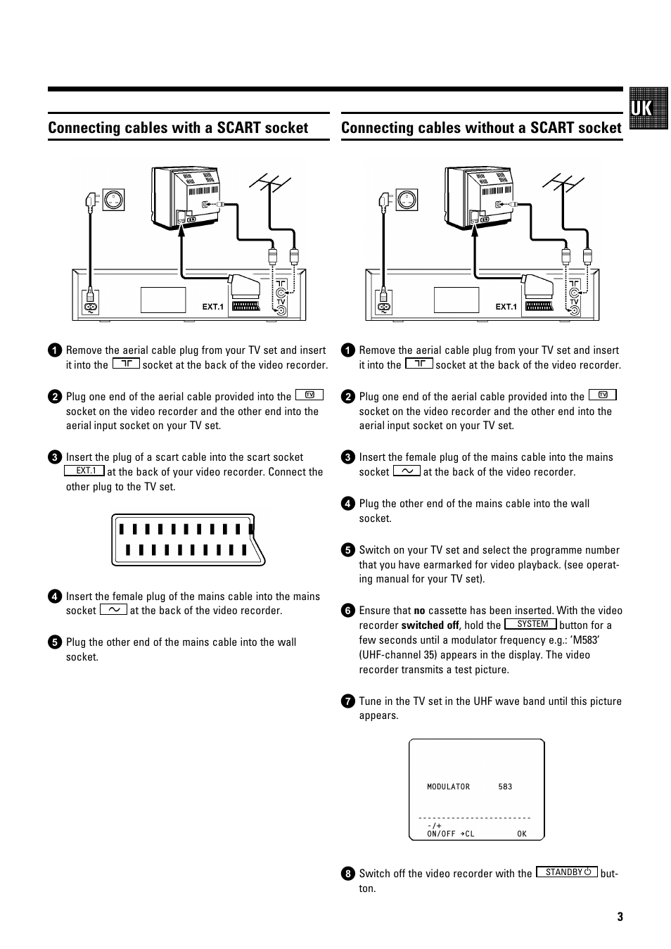 Connecting cables with a scart socket, Connecting cables without a scart socket | Philips TYPE VR 175 User Manual | Page 5 / 18