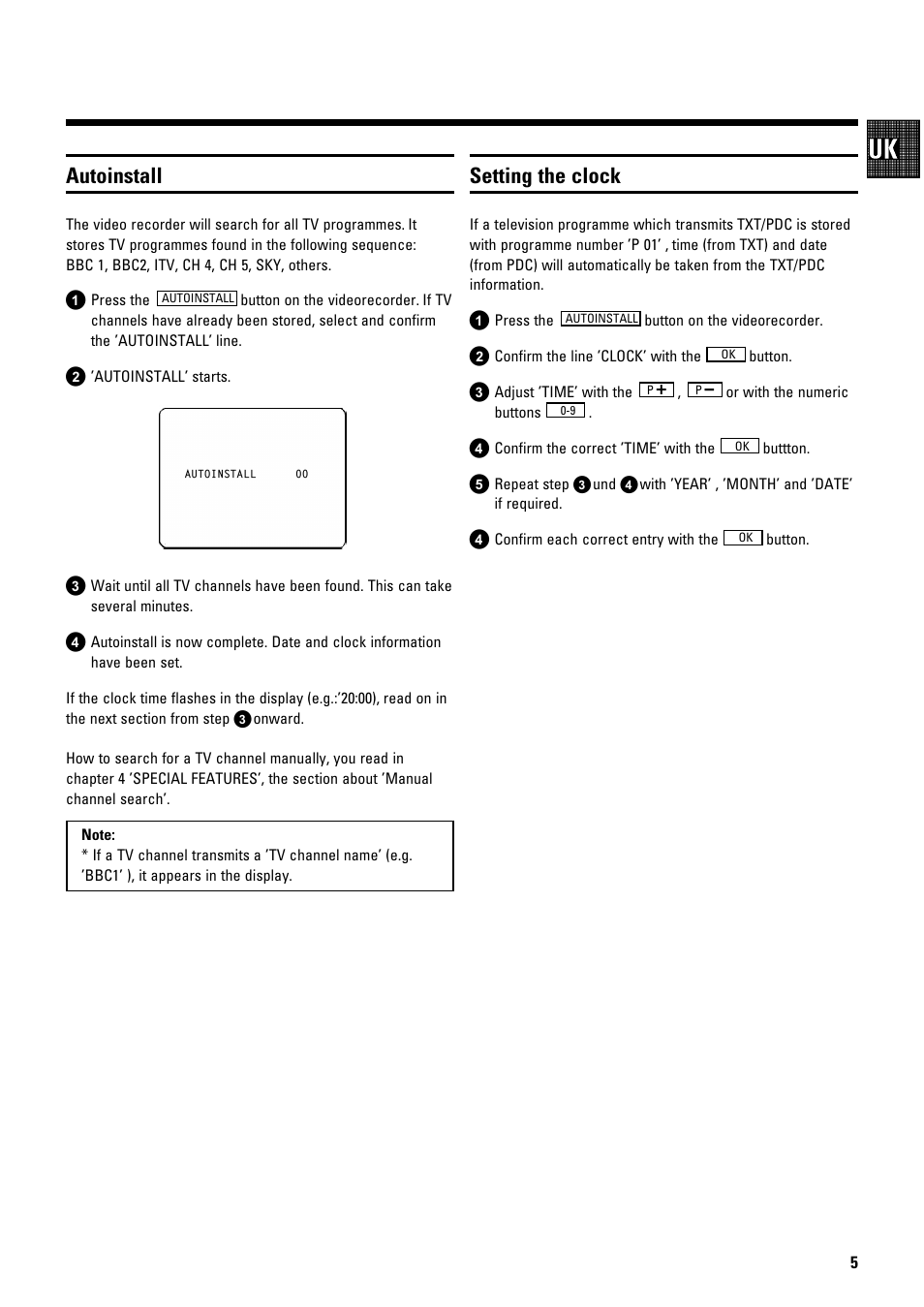 Autoinstall, Setting the clock | Philips TYPE VR 175 User Manual | Page 7 / 18