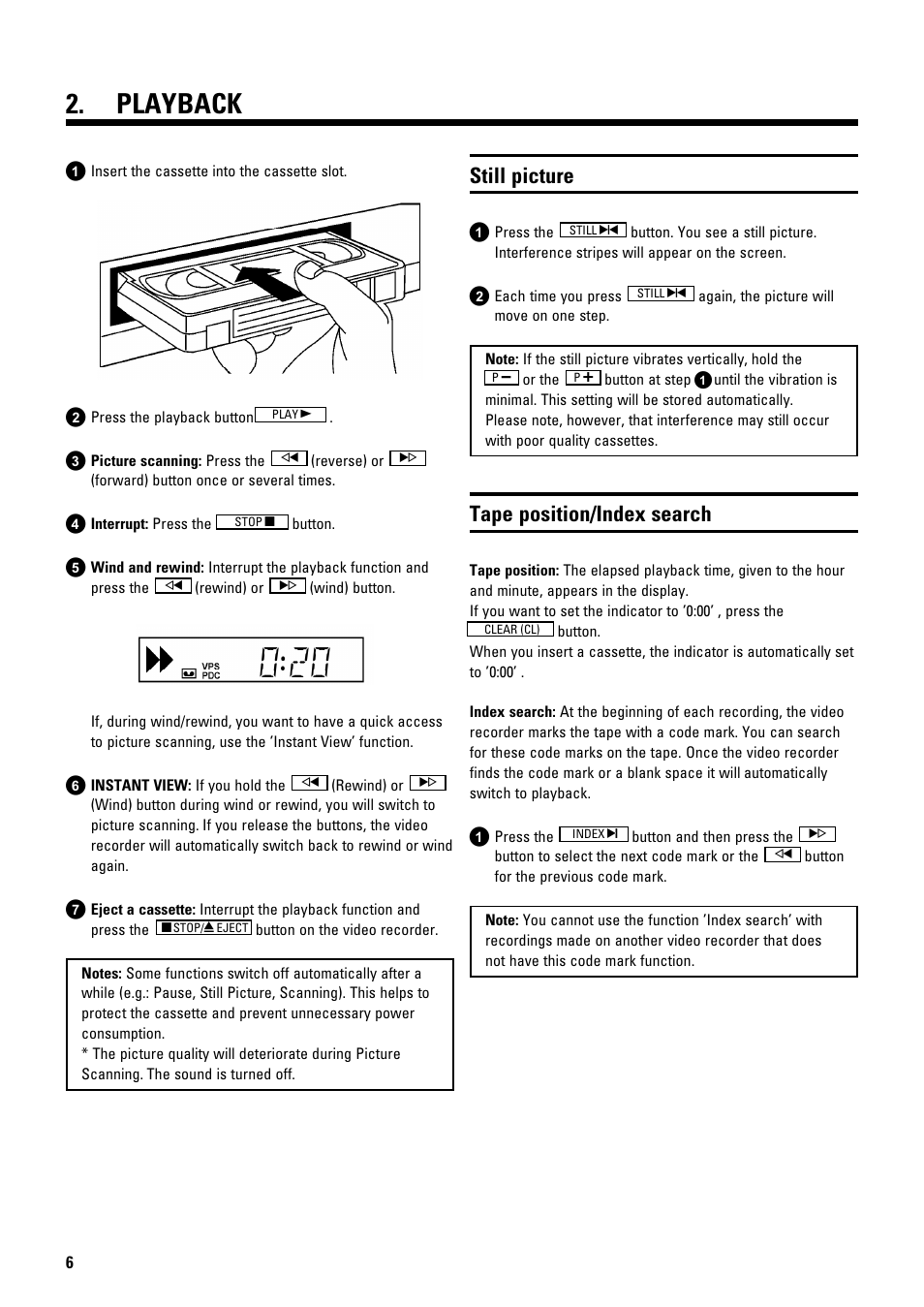 Playback, Still picture, Tape position/index search | Philips TYPE VR 175 User Manual | Page 8 / 18