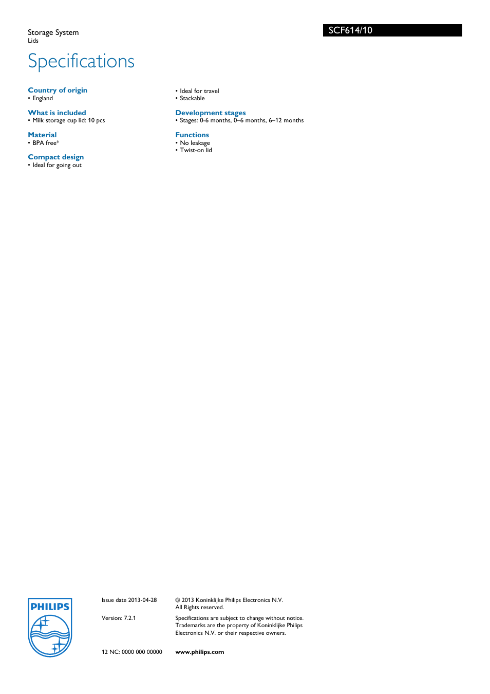 Specifications | Philips VIA Lids SCF614/10 User Manual | Page 2 / 2