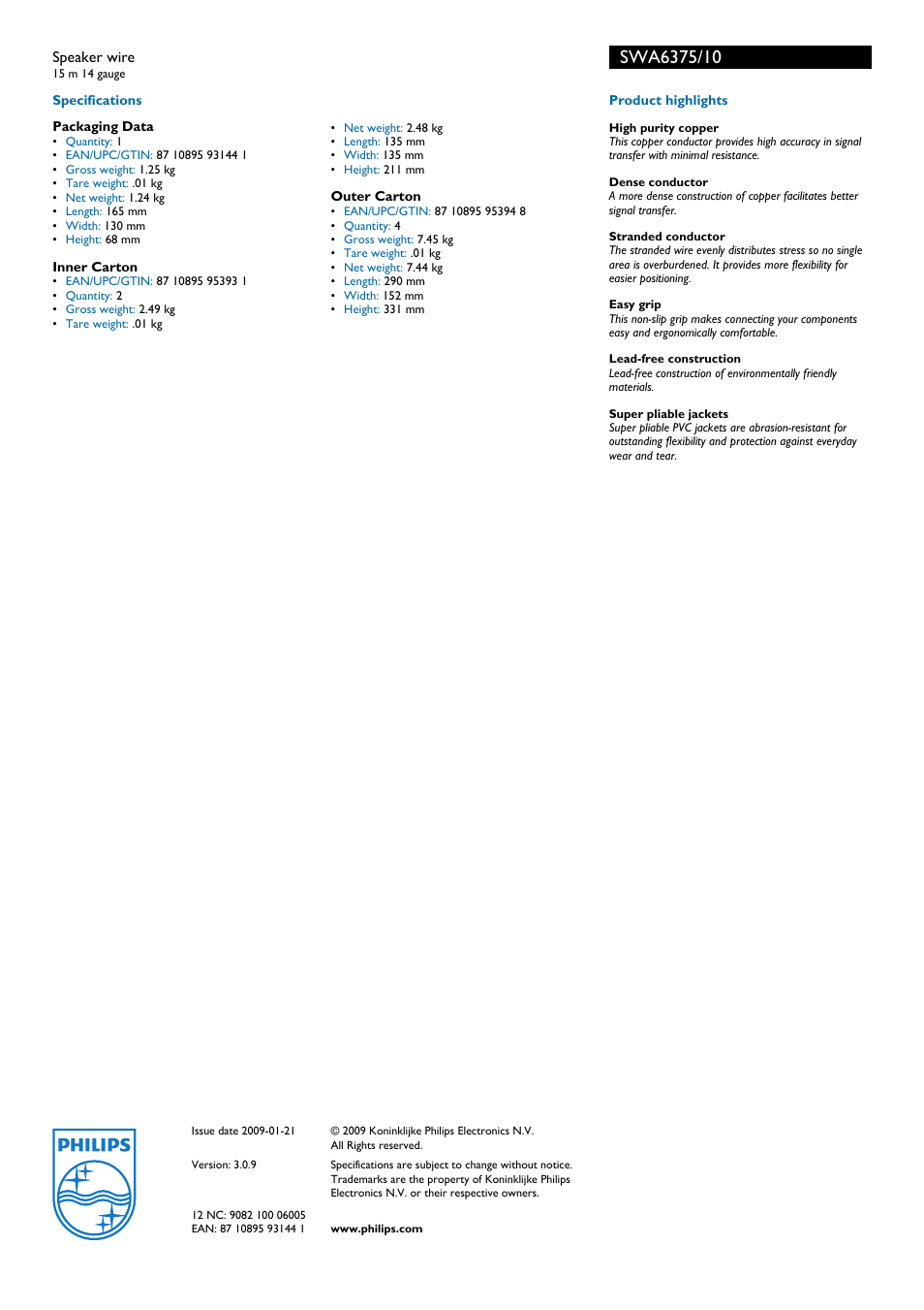 Philips, Speaker wire | Philips SWA6375/10 User Manual | Page 2 / 2