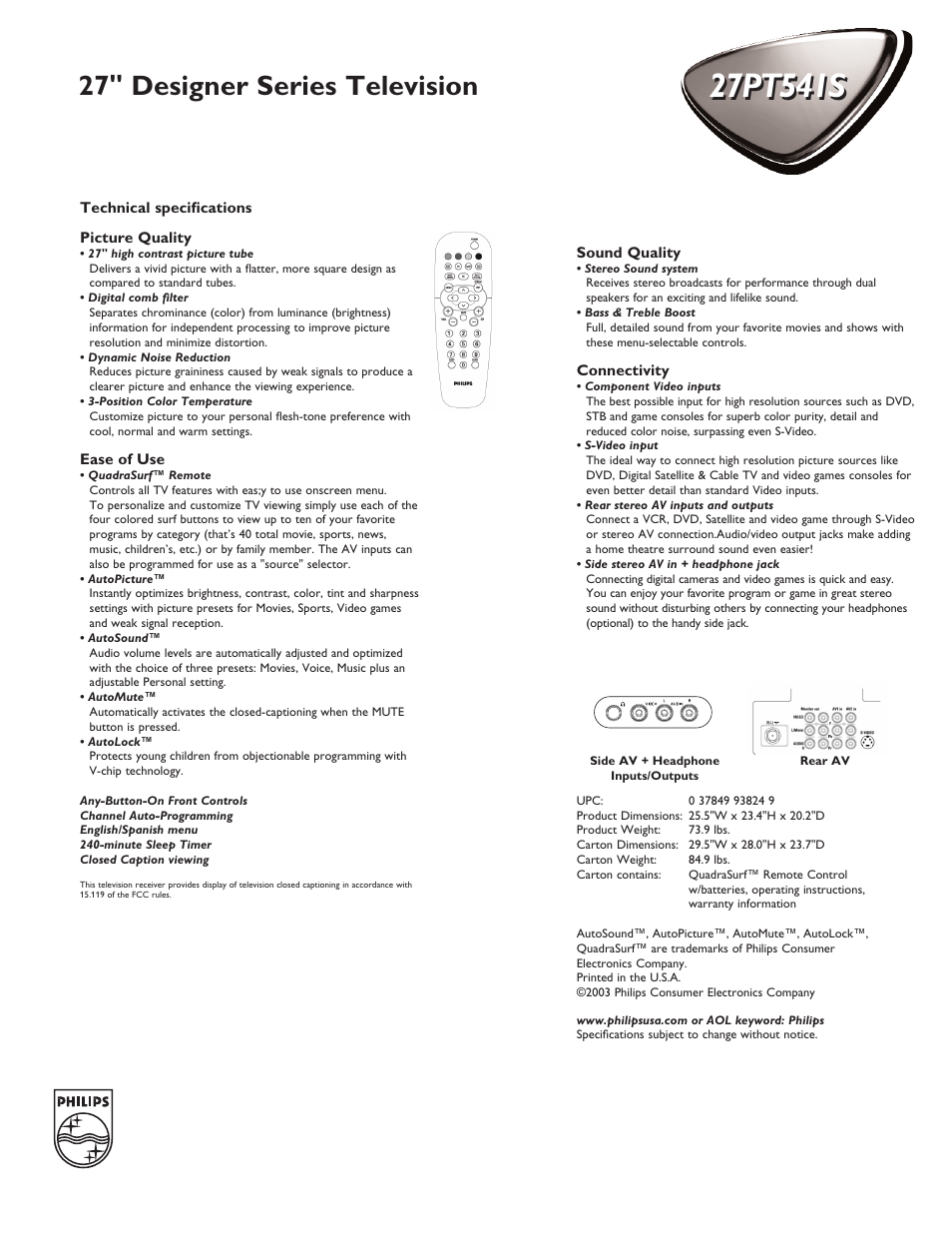 27" designer series television | Philips 27PT541S User Manual | Page 2 / 2