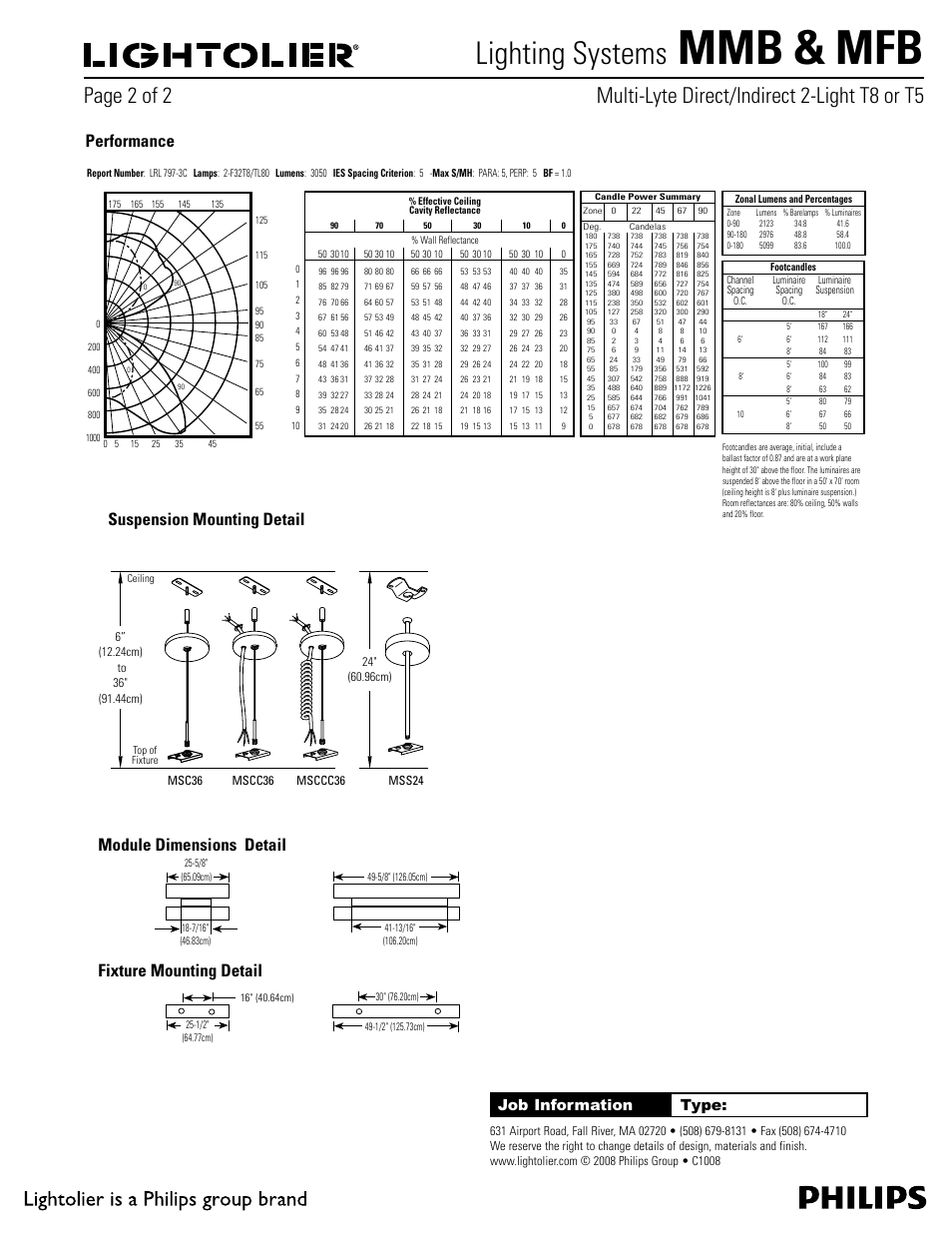 Lightoliiër, Multi-lyte direct/indirect 2-light t8 or t5, Performance | Module dimensions detail, Fixture mounting detail, Mmb & mfb, Philips, Lighting systems, Lightolier is a philips group brand, Job information type | Philips Lightolier MFB User Manual | Page 2 / 2