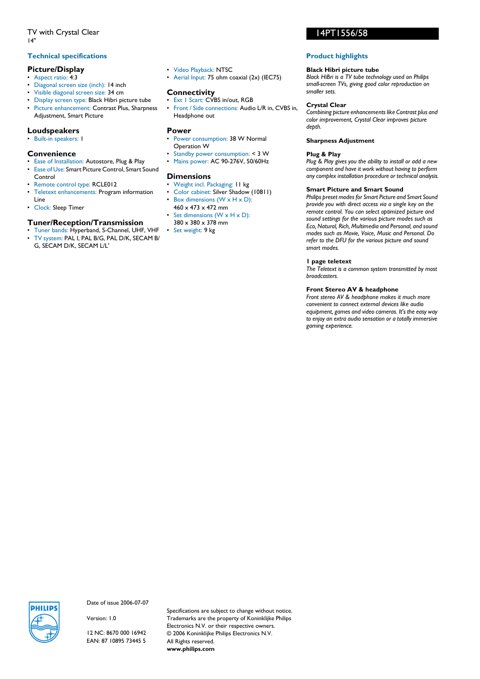 For preview purpose only | Philips 14PT1556 User Manual | Page 2 / 2