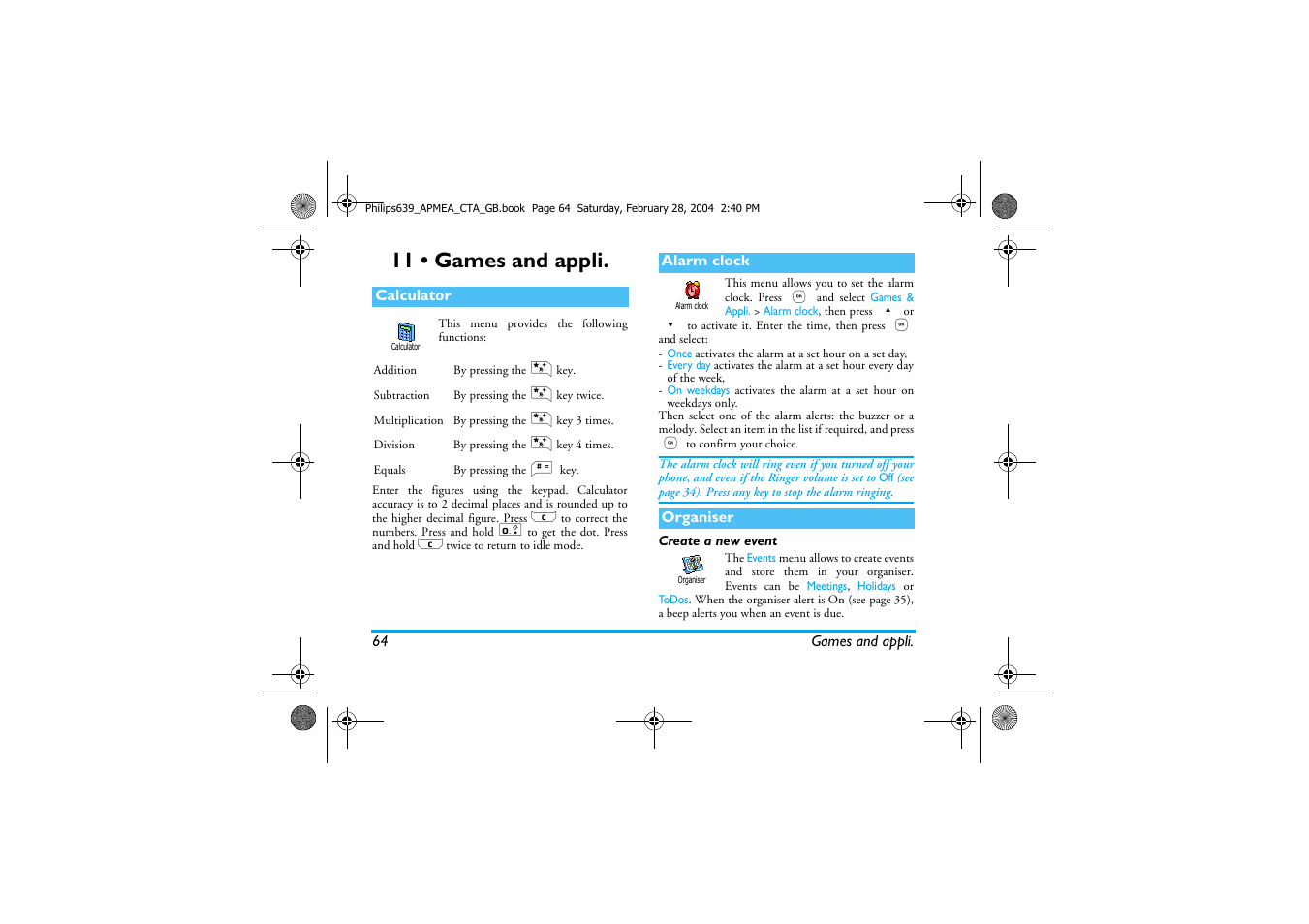 11 • games and appli | Philips 639 User Manual | Page 65 / 100