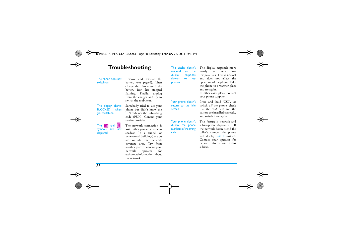 Troubleshooting | Philips 639 User Manual | Page 89 / 100