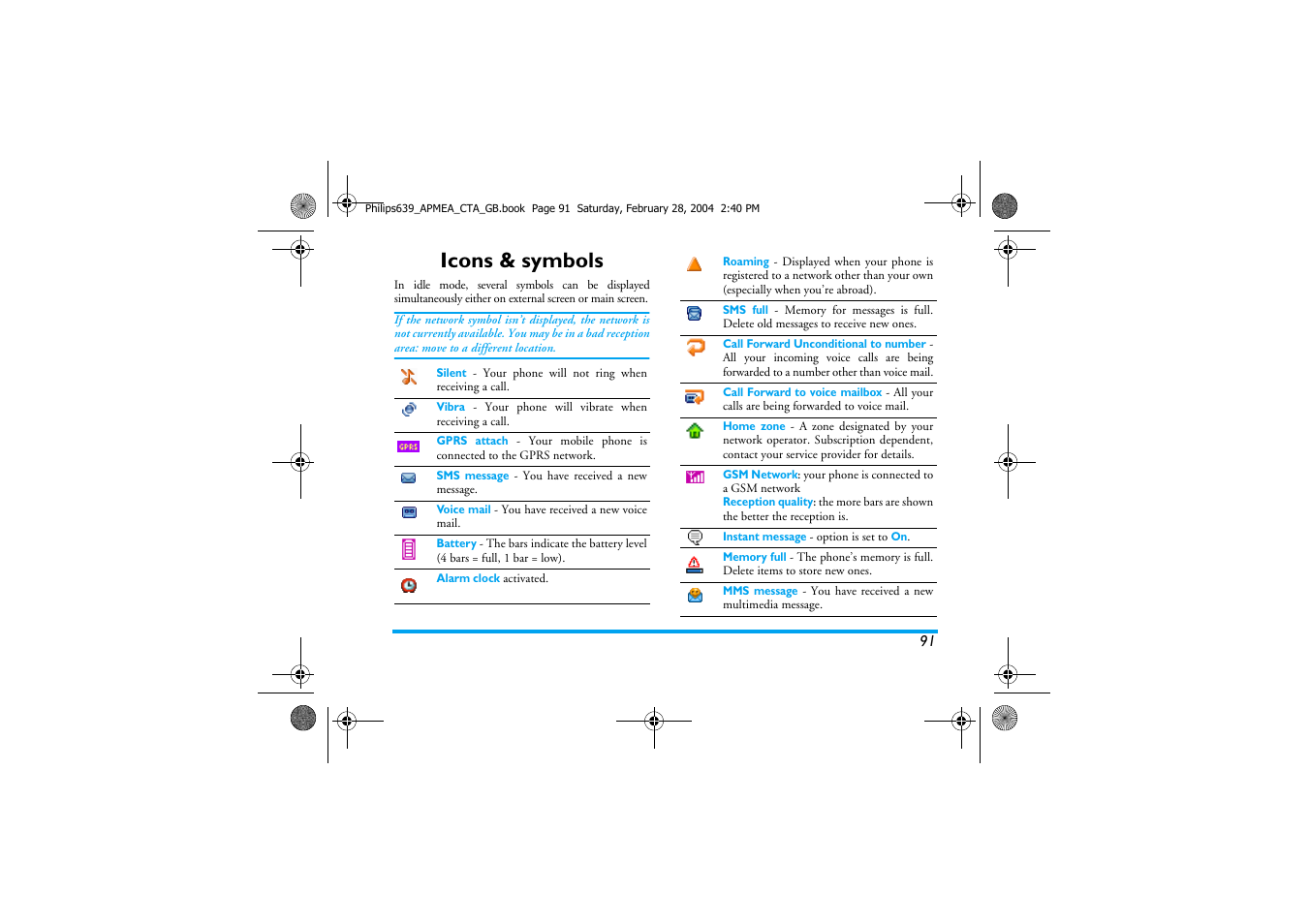 Icons & symbols | Philips 639 User Manual | Page 92 / 100