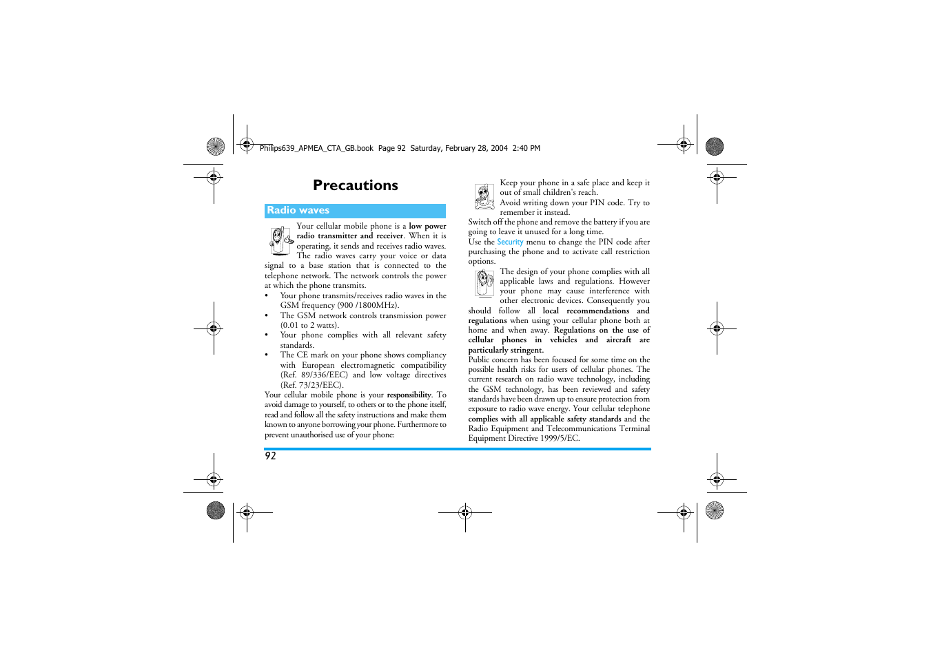 Precautions | Philips 639 User Manual | Page 93 / 100