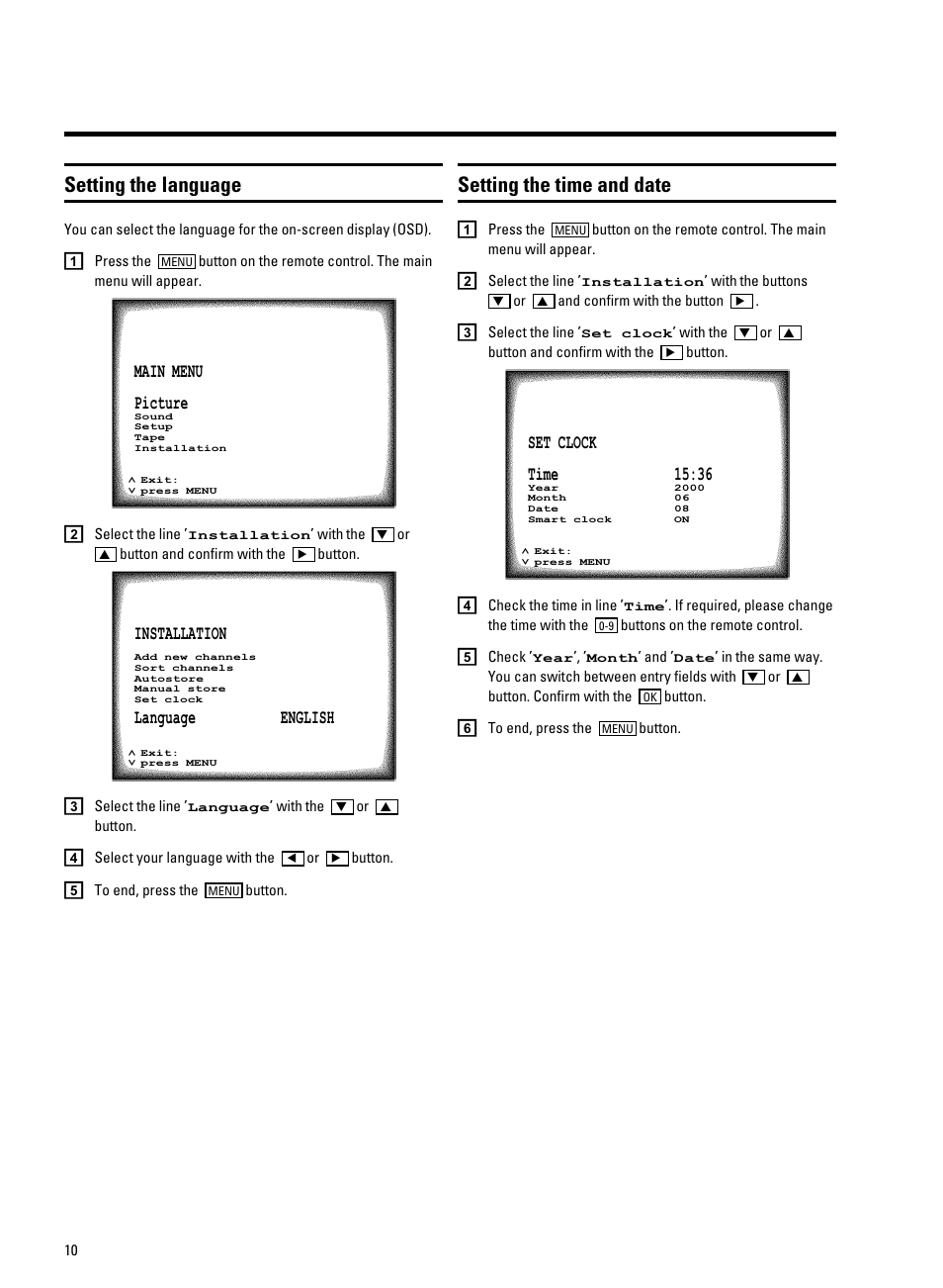 Setting the language, Setting the time and date | Philips 21PV708-715-908-918/07 User Manual | Page 12 / 31