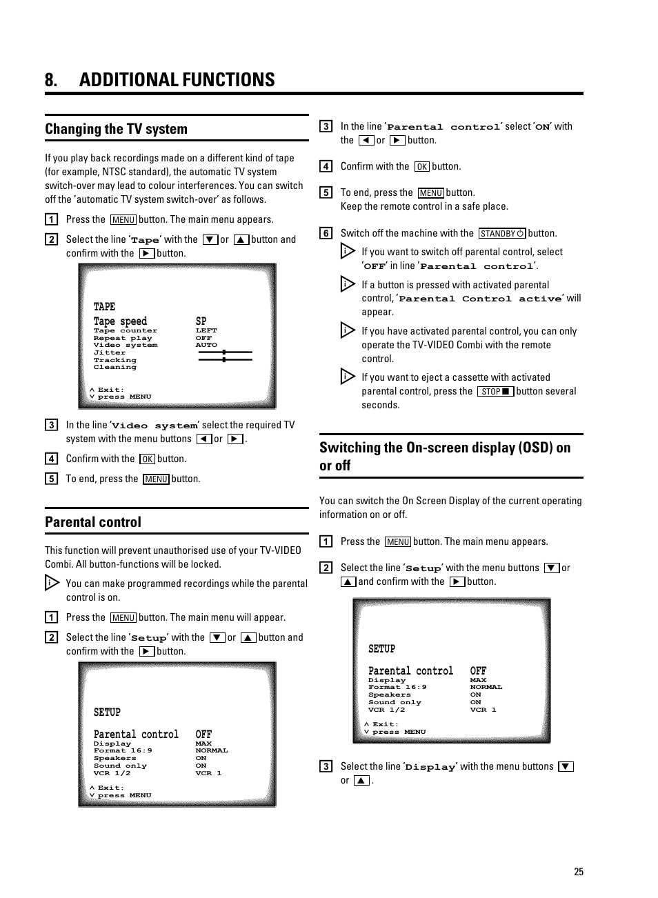 Additional functions, Changing the tv system, Parental control | Switching the on-screen display (osd) on or off | Philips 21PV708-715-908-918/07 User Manual | Page 27 / 31