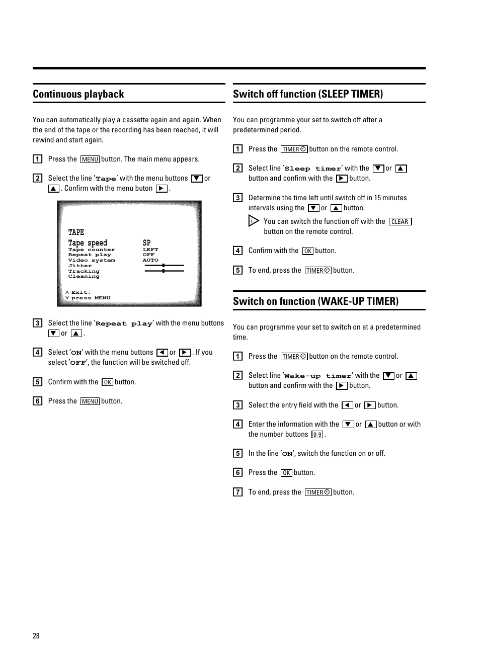Continuous playback, Switch off function (sleep timer), Switch on function (wake-up timer) | Philips 21PV708-715-908-918/07 User Manual | Page 30 / 31