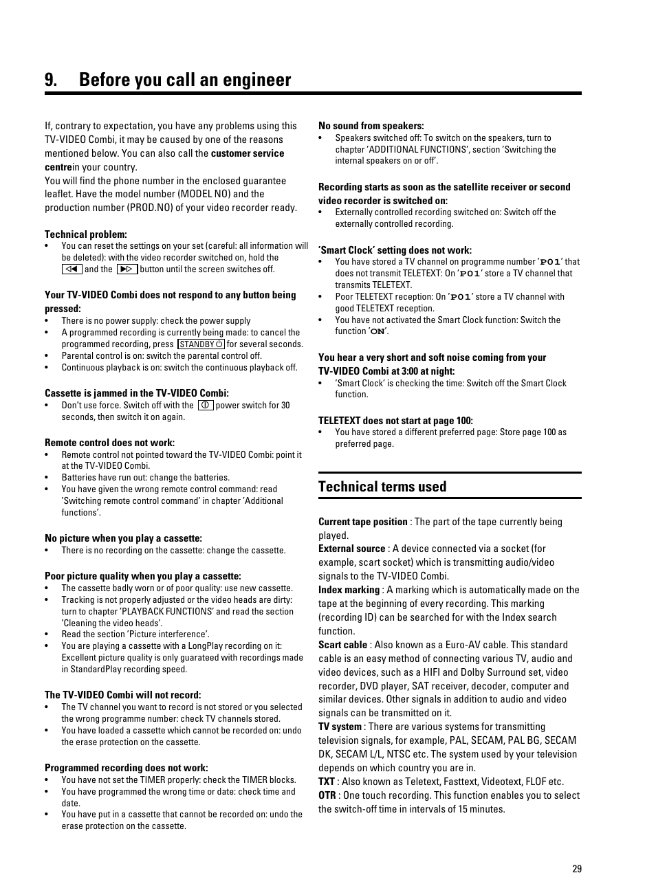 Before you call an engineer, Technical terms used | Philips 21PV708-715-908-918/07 User Manual | Page 31 / 31