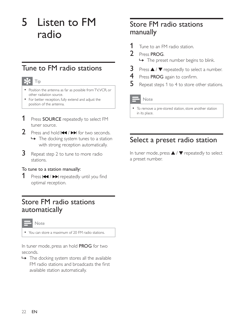 5 listen to fm radio, Tune to fm radio stations, Store fm radio stations automatically | Store fm radio stations manually 1, Select a preset radio station | Philips AS140 User Manual | Page 23 / 31
